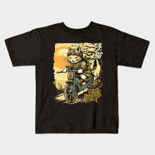 Japanese Samurai Cat on Motorcycle Kawaii Ninja Cat Kids T-Shirt